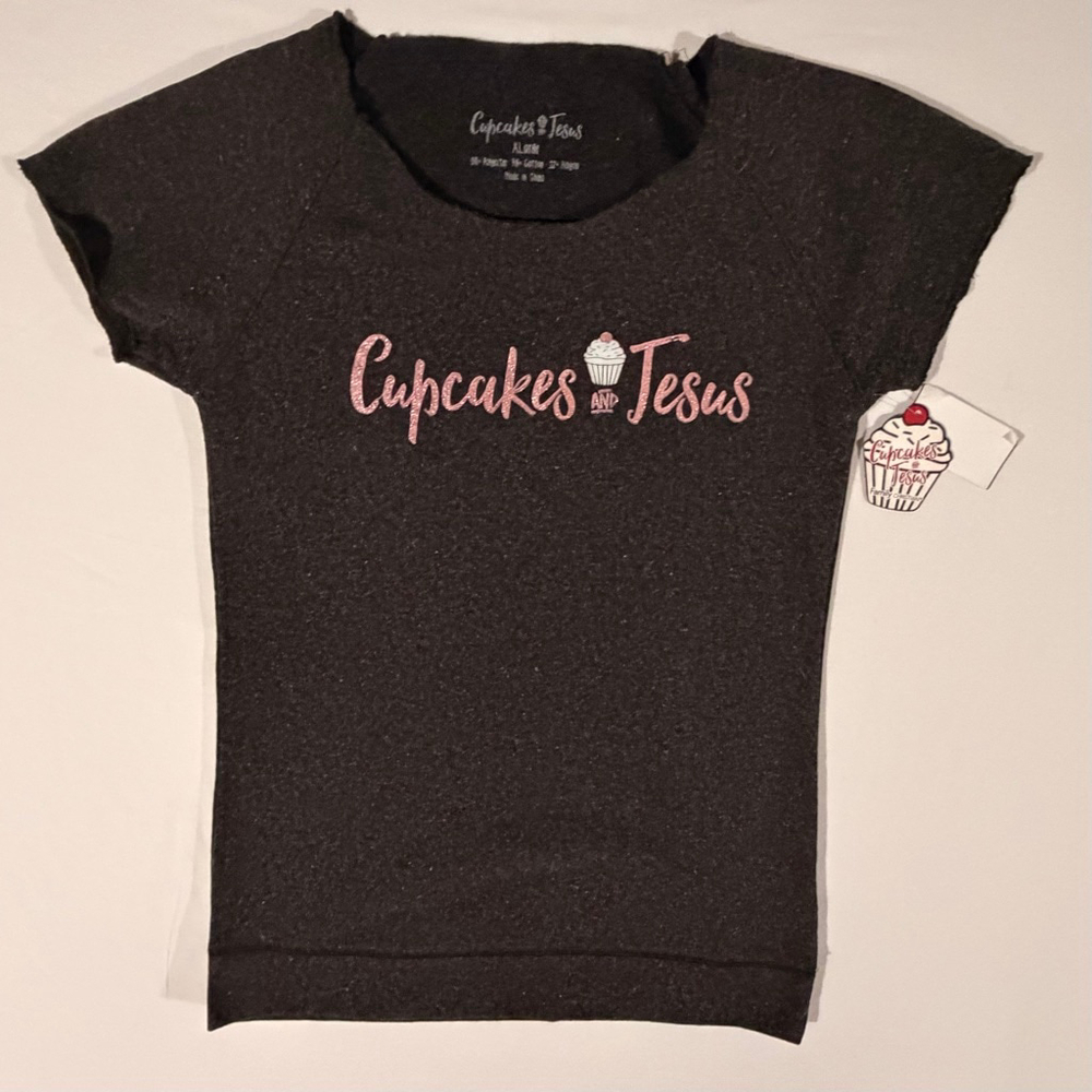 J. America Women XL Charcoal Gray Fleece T-Shirt Cupcakes and Jesus Glitter NWT - Picture 2 of 9